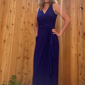 Formal Long Navy Blue Dress w/ V Neck & Cinched Ruffled Waist